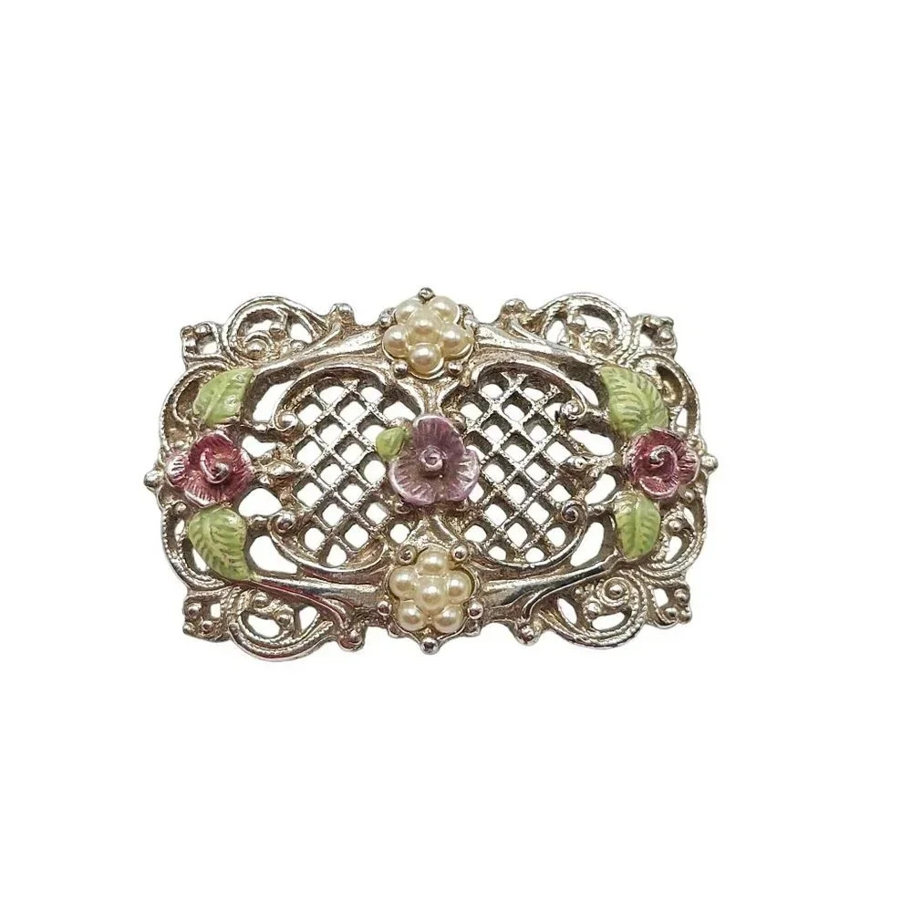 1928 Collection Silver Tone Faux Pearl Enamel Rose Pin Brooch Vintage
